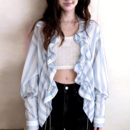 BY11993# 浅蓝色条纹荷叶边翻领长袖衬衫女款新款春装轻奢减龄法式上衣 服裝批發女裝批發服飾貨源
