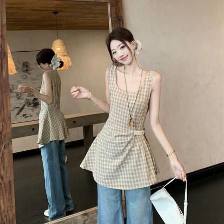 BY11994# 格子方领背心夏季设计感收腰修身显瘦连衣裙短裙 服裝批發女裝批發服飾貨源