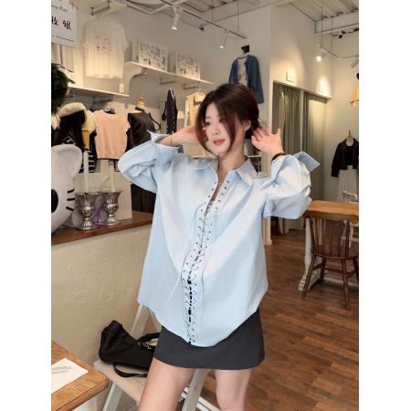 BY11997# 韩系时髦小众设计感铆钉打孔系带休闲白色衬衫女长袖新款上衣 服裝批發女裝批發服飾貨源