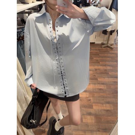 BY11997# 韩系时髦小众设计感铆钉打孔系带休闲白色衬衫女长袖新款上衣 服裝批發女裝批發服飾貨源