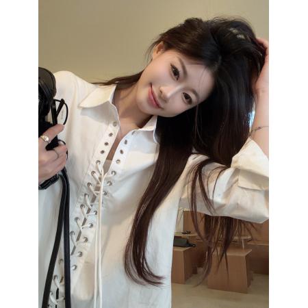 BY11997# 韩系时髦小众设计感铆钉打孔系带休闲白色衬衫女长袖新款上衣 服裝批發女裝批發服飾貨源