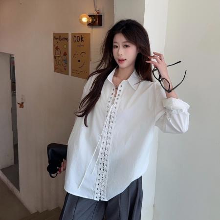 BY11997# 韩系时髦小众设计感铆钉打孔系带休闲白色衬衫女长袖新款上衣 服裝批發女裝批發服飾貨源