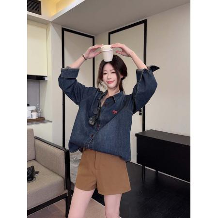 BY11998# 春款小马刺绣复古做旧牛仔衬衫女港风休闲百搭翻领长袖上衣 服裝批發女裝批發服飾貨源