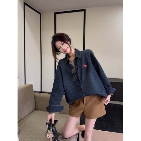 BY11998# 春款小马刺绣复古做旧牛仔衬衫女港风休闲百搭翻领长袖上衣 服裝批發女裝批發服飾貨源