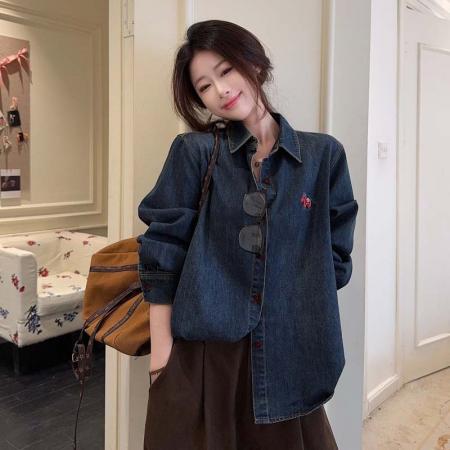 BY11998# 春款小马刺绣复古做旧牛仔衬衫女港风休闲百搭翻领长袖上衣 服裝批發女裝批發服飾貨源