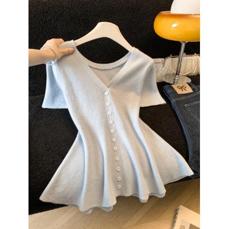 BY12000# V领薄款冰丝短袖针织衫女新款爆款夏季修身短款上衣 服裝批發女裝批發服飾貨源