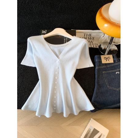 BY12000# V领薄款冰丝短袖针织衫女新款爆款夏季修身短款上衣 服裝批發女裝批發服飾貨源