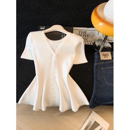 BY12000# V领薄款冰丝短袖针织衫女新款爆款夏季修身短款上衣 服裝批發女裝批發服飾貨源