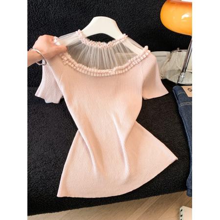 BY12001# 绝美蕾丝花边针织上衣女修身气质夏季新款甜辣短袖t恤 服裝批發女裝批發服飾貨源