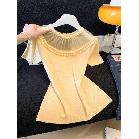 BY12001# 绝美蕾丝花边针织上衣女修身气质夏季新款甜辣短袖t恤 服裝批發女裝批發服飾貨源