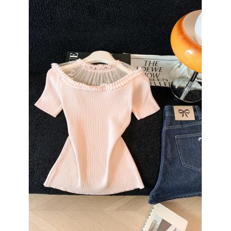 BY12001# 绝美蕾丝花边针织上衣女修身气质夏季新款甜辣短袖t恤 服裝批發女裝批發服飾貨源