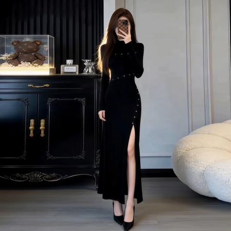 BY12002# 复古小香风赫本黑色连衣裙女新款冬跨年设计感气质显瘦毛衣裙 服裝批發女裝批發服飾貨源