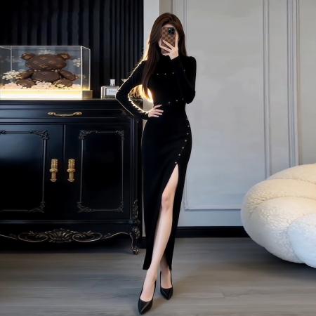 BY12002# 复古小香风赫本黑色连衣裙女新款冬跨年设计感气质显瘦毛衣裙 服裝批發女裝批發服飾貨源