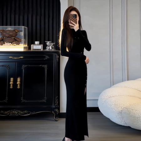 BY12002# 复古小香风赫本黑色连衣裙女新款冬跨年设计感气质显瘦毛衣裙 服裝批發女裝批發服飾貨源