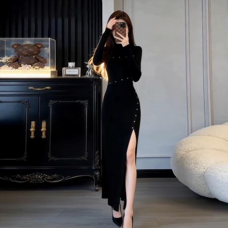 BY12002# 复古小香风赫本黑色连衣裙女新款冬跨年设计感气质显瘦毛衣裙 服裝批發女裝批發服飾貨源