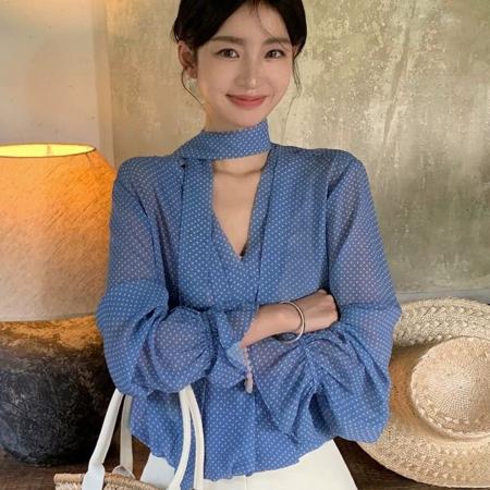 BY12003# 春季新款法式独特绝美气质长袖上衣飘带v领蓝色波点衬衫女 服裝批發女裝批發服飾貨源