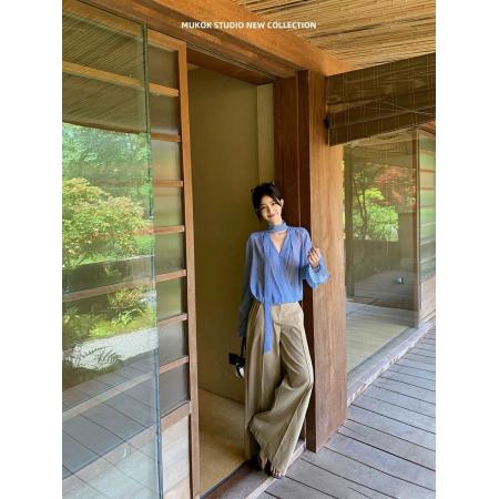 BY12003# 春季新款法式独特绝美气质长袖上衣飘带v领蓝色波点衬衫女 服裝批發女裝批發服飾貨源