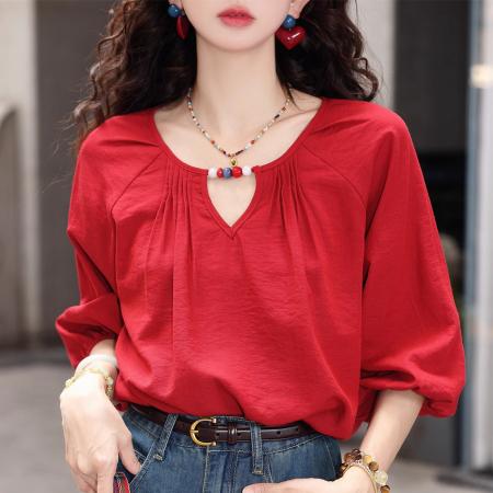 BY12004# 法式复古红色半袖衬衫女春夏新款轻奢高级感洋气独特别致上衣 服裝批發女裝批發服飾貨源