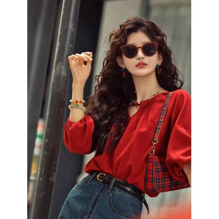 BY12004# 法式复古红色半袖衬衫女春夏新款轻奢高级感洋气独特别致上衣 服裝批發女裝批發服飾貨源