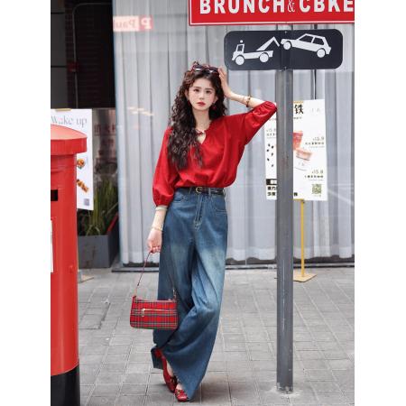 BY12004# 法式复古红色半袖衬衫女春夏新款轻奢高级感洋气独特别致上衣 服裝批發女裝批發服飾貨源