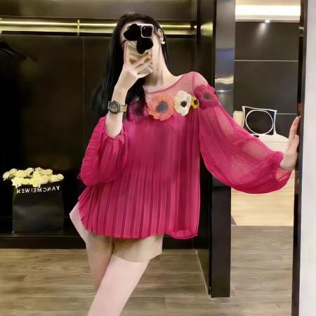 BY12005# 高级感花朵百褶衬衫上衣女春季新款洋气轻奢小众显瘦长袖衬衣 服裝批發女裝批發服飾貨源