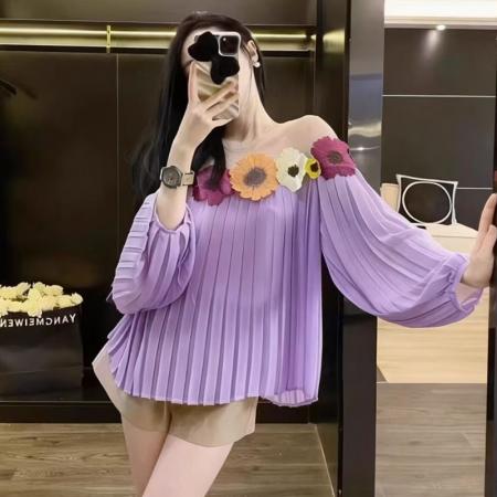BY12005# 高级感花朵百褶衬衫上衣女春季新款洋气轻奢小众显瘦长袖衬衣 服裝批發女裝批發服飾貨源