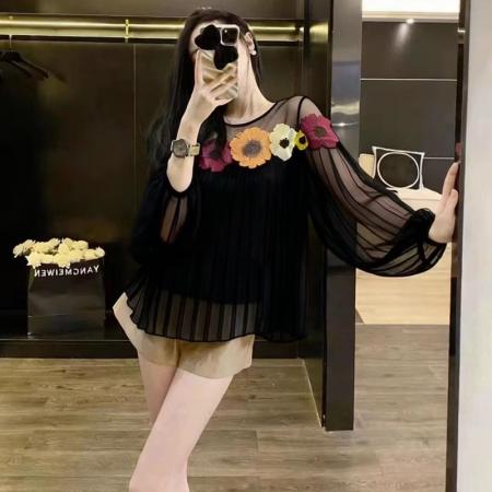 BY12005# 高级感花朵百褶衬衫上衣女春季新款洋气轻奢小众显瘦长袖衬衣 服裝批發女裝批發服飾貨源