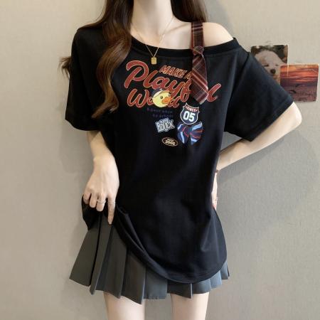 BY12007# 大码女装胖MM夏季新款露肩撞色拼接印花短袖T恤 服裝批發女裝批發服飾貨源