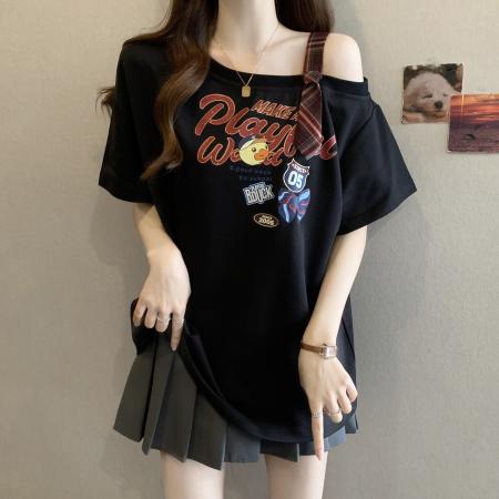 BY12007# 大码女装胖MM夏季新款露肩撞色拼接印花短袖T恤 服裝批發女裝批發服飾貨源