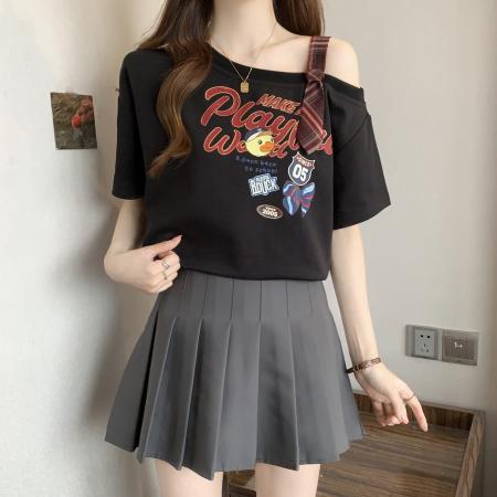 BY12007# 大码女装胖MM夏季新款露肩撞色拼接印花短袖T恤 服裝批發女裝批發服飾貨源