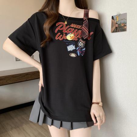 BY12007# 大码女装胖MM夏季新款露肩撞色拼接印花短袖T恤 服裝批發女裝批發服飾貨源