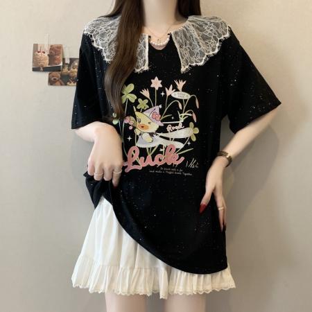 BY12008# 大码女装胖MM新款蕾丝花边亮片印花遮肚显瘦短袖T恤 服裝批發女裝批發服飾貨源