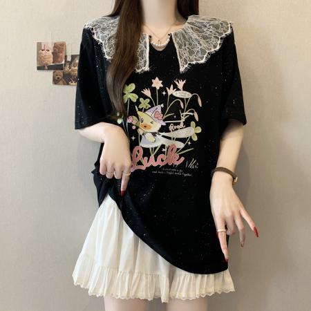 BY12008# 大码女装胖MM新款蕾丝花边亮片印花遮肚显瘦短袖T恤 服裝批發女裝批發服飾貨源