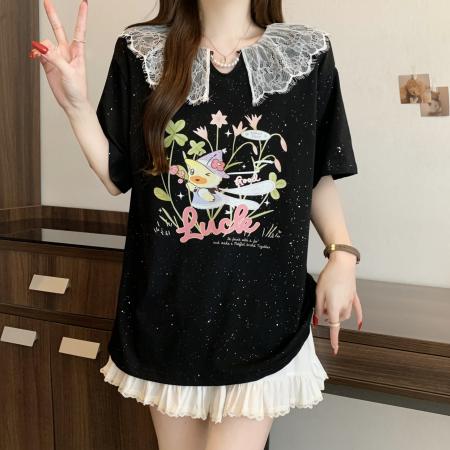 BY12008# 大码女装胖MM新款蕾丝花边亮片印花遮肚显瘦短袖T恤 服裝批發女裝批發服飾貨源