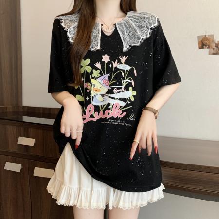 BY12008# 大码女装胖MM新款蕾丝花边亮片印花遮肚显瘦短袖T恤 服裝批發女裝批發服飾貨源