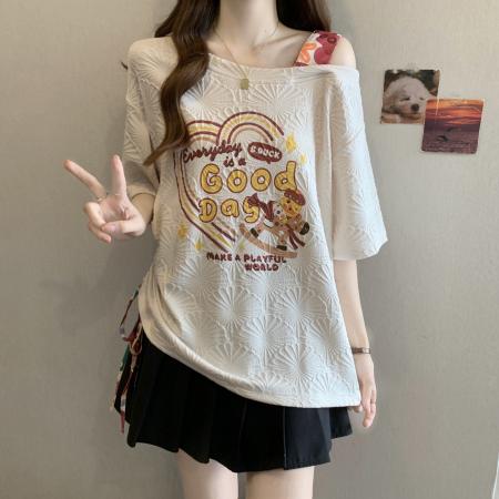 BY12009# 大码胖MM夏季新款露肩吊带设计印花短袖T恤 服裝批發女裝批發服飾貨源