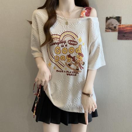 BY12009# 大码胖MM夏季新款露肩吊带设计印花短袖T恤 服裝批發女裝批發服飾貨源