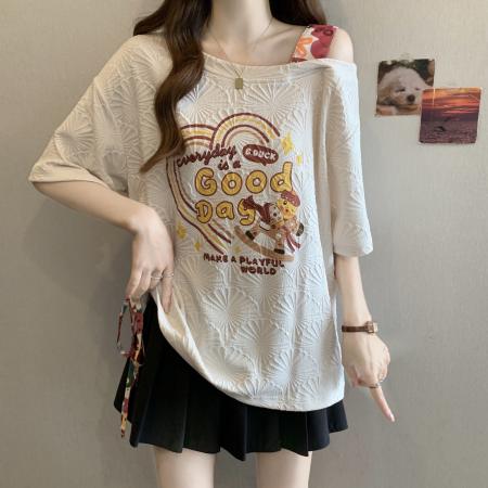 BY12009# 大码胖MM夏季新款露肩吊带设计印花短袖T恤 服裝批發女裝批發服飾貨源