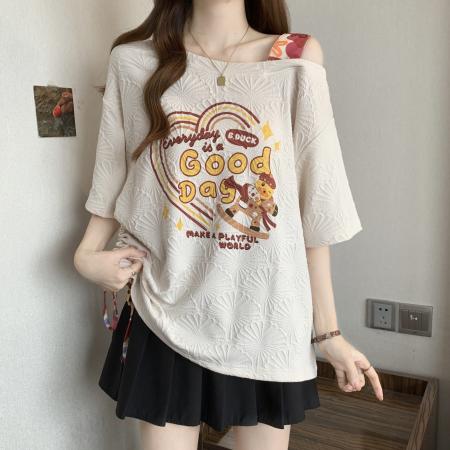 BY12009# 大码胖MM夏季新款露肩吊带设计印花短袖T恤 服裝批發女裝批發服飾貨源