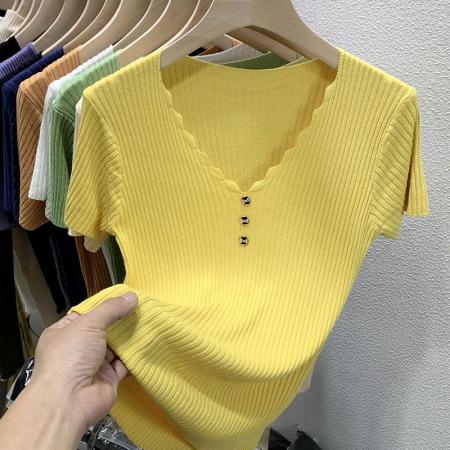 BY12011# 冰丝短袖t恤女新款夏季洋气修身短款白色v领针织衫半袖上衣 服裝批發女裝批發服飾貨源