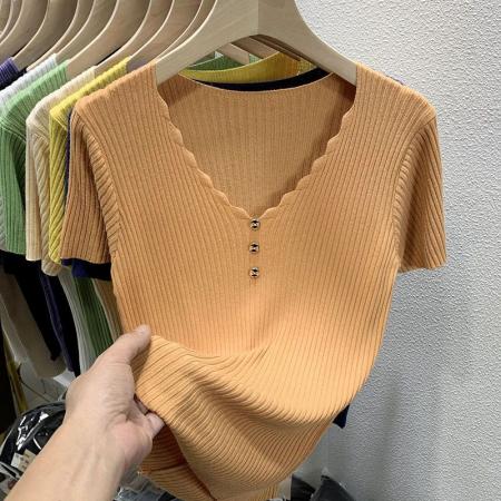 BY12011# 冰丝短袖t恤女新款夏季洋气修身短款白色v领针织衫半袖上衣 服裝批發女裝批發服飾貨源