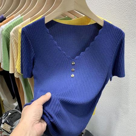 BY12011# 冰丝短袖t恤女新款夏季洋气修身短款白色v领针织衫半袖上衣 服裝批發女裝批發服飾貨源