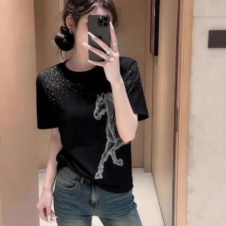 BY12012# 春夏新款气质圆领短袖T恤女装重工马匹烫钻韩版时尚百搭上衣 服裝批發女裝批發服飾貨源