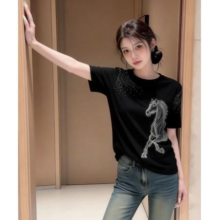 BY12012# 春夏新款气质圆领短袖T恤女装重工马匹烫钻韩版时尚百搭上衣 服裝批發女裝批發服飾貨源
