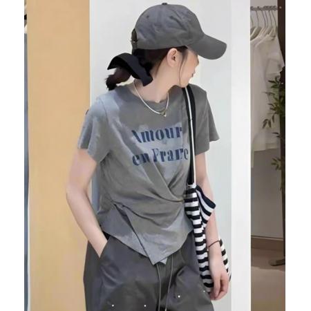 BY12013# 设计感不规则交叉收腰短袖T恤女夏季新款韩系圆领显瘦上衣 服裝批發女裝批發服飾貨源