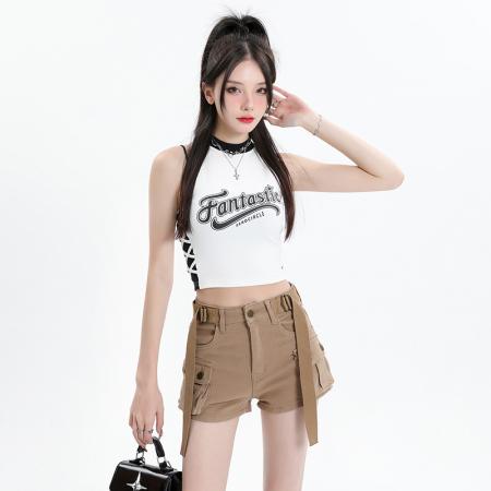 BY12014# 韩国腰带大口袋工装风短裤女欧美风辣妹复古新款街头ins弹力短裤 服裝批發女裝批發服飾貨源