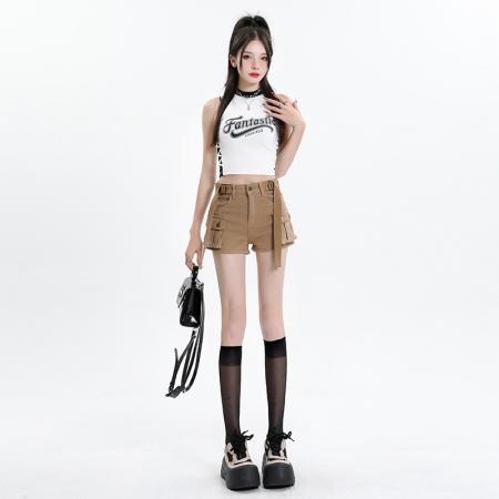 BY12014# 韩国腰带大口袋工装风短裤女欧美风辣妹复古新款街头ins弹力短裤 服裝批發女裝批發服飾貨源