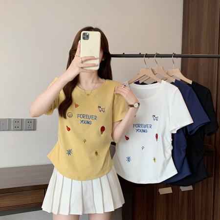 BY12017# 夏装新款胖mm大码女甜美刺绣卡通字母弧形掐腰短袖T恤 服裝批發女裝批發服飾貨源