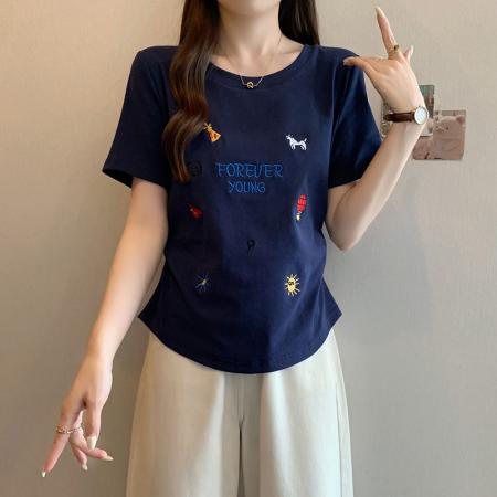 BY12017# 夏装新款胖mm大码女甜美刺绣卡通字母弧形掐腰短袖T恤 服裝批發女裝批發服飾貨源