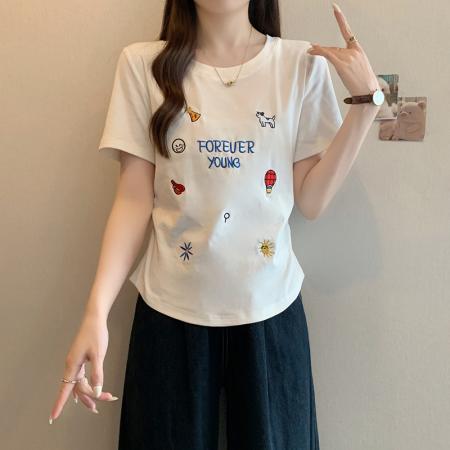 BY12017# 夏装新款胖mm大码女甜美刺绣卡通字母弧形掐腰短袖T恤 服裝批發女裝批發服飾貨源